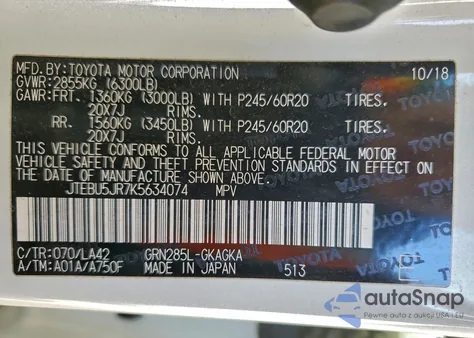 2019 Toyota 4Runner Sr5/Sr5 Premium z USA, uszkodzony, nr VIN JTEBU5JR7K5634074